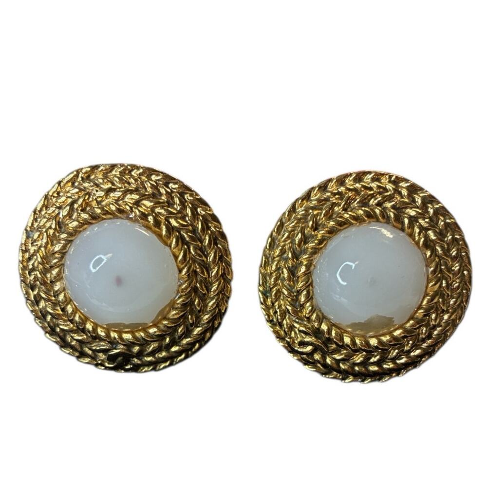 Chanel Gold Tone Rope Border Clip-On Earrings - White Glass Core